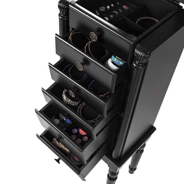 Black Wood Jewelry Armoire 6-Drawer Storage Chest with Mirror - Image 4