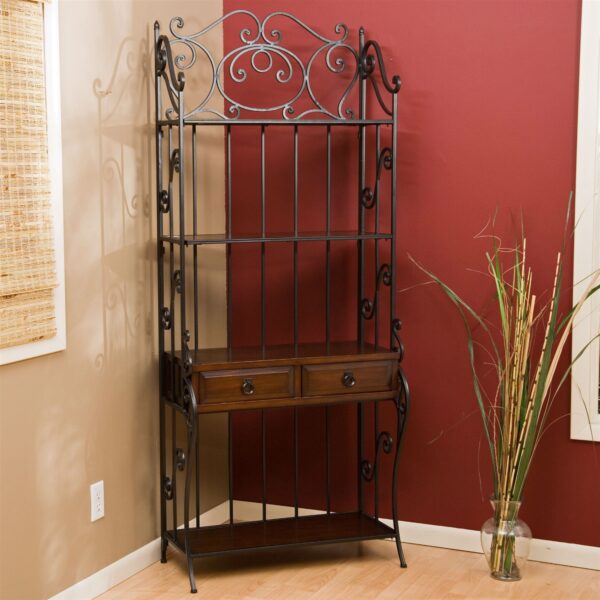 Black Wrought Iron and Walnut Wood Finish Bakers Rack - Image 2