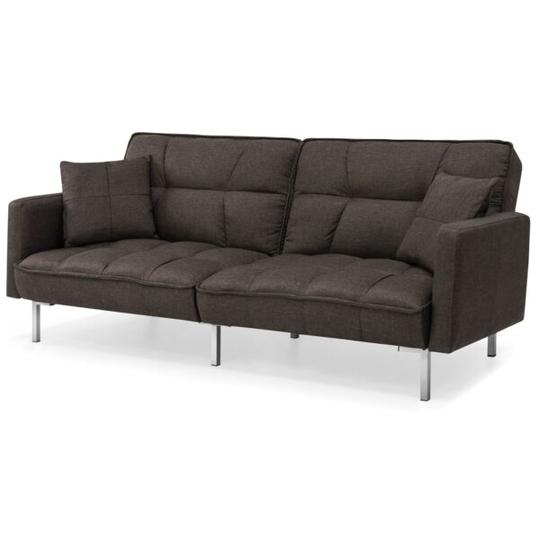Plush Brown Split-Back Design Convertible Linen Tufted Futon w/ 2 Pillows - Image 3