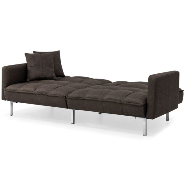 Plush Brown Split-Back Design Convertible Linen Tufted Futon w/ 2 Pillows - Image 4