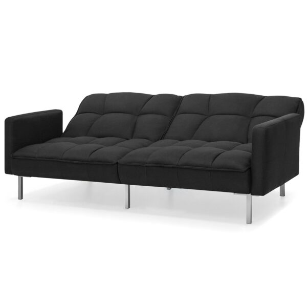 Plush Black Split-Back Design Convertible Linen Tufted Futon w/ 2 Pillows - Image 2