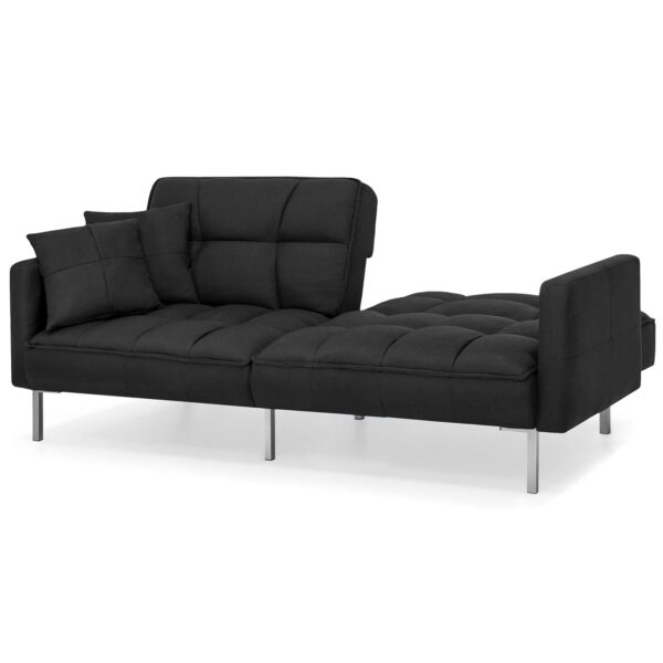 Plush Black Split-Back Design Convertible Linen Tufted Futon w/ 2 Pillows - Image 3