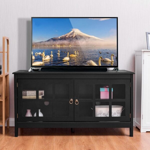 Black Wood Entertainment Center TV Stand with Glass Panel Doors - Image 2