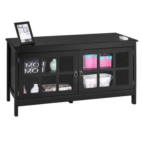 Black Wood Entertainment Center TV Stand with Glass Panel Doors - Image 3
