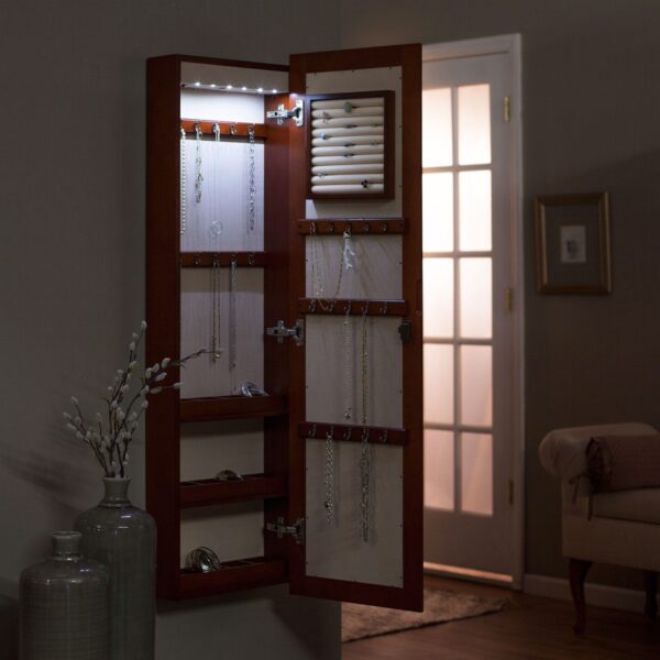 Wall Mounted Locking Jewelry Armoire with Mirror in Cherry Wood Finish - Image 2