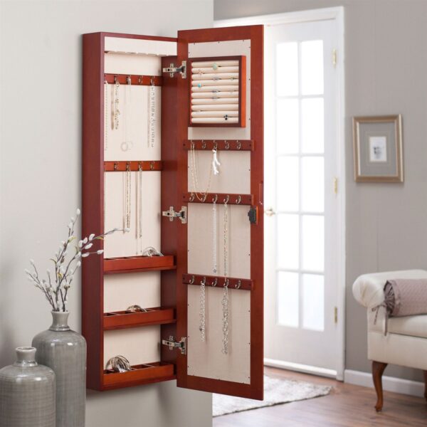 Wall Mounted Locking Jewelry Armoire with Mirror in Cherry Wood Finish - Image 3