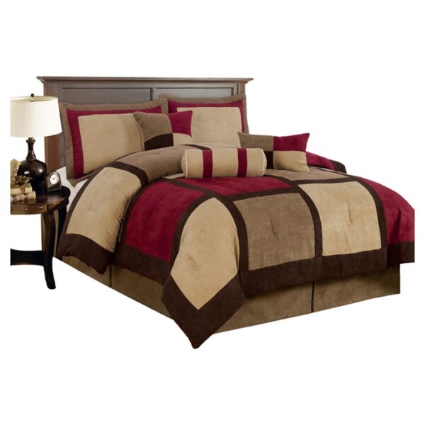 King size 7-Piece Bed Bag Patchwork Comforter Set in Brown Burgundy Red - Image 2