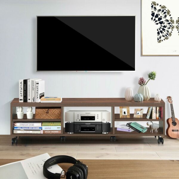 Modern 60-inch Entertainment Center TV Stand in Brown Wood Finish with 6-Wheels - Image 3