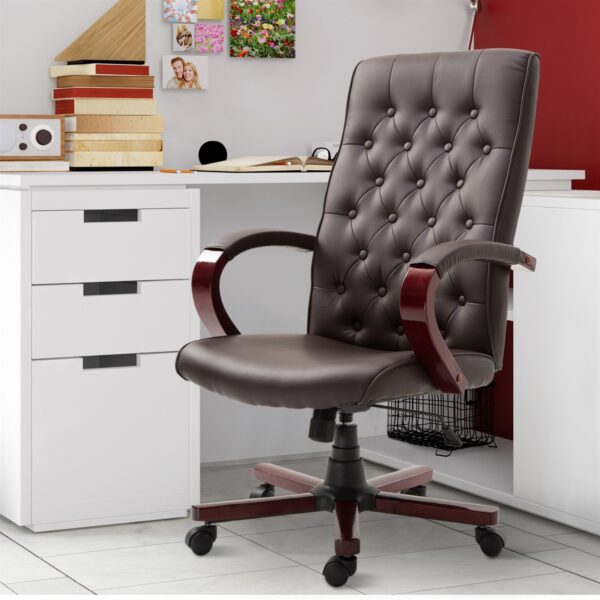 Brown Wooden Faux Leather Adjustable High Back Executive Home Office Chair - Image 2