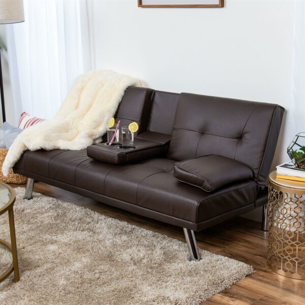 Brown Faux Leather Convertible Sofa Futon with 2 Cup Holders - Image 2