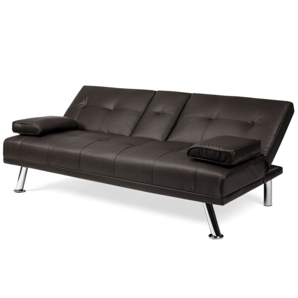 Brown Faux Leather Convertible Sofa Futon with 2 Cup Holders - Image 3