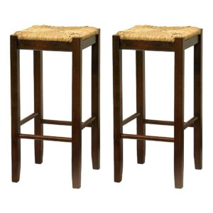 Set of 2- Solid Wood Bar Stool in Walnut with Rush Seat