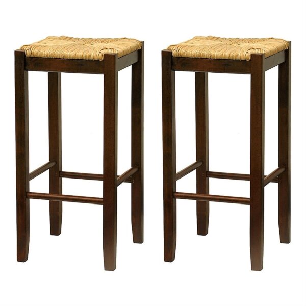 Set of 2- Solid Wood Bar Stool in Walnut with Rush Seat