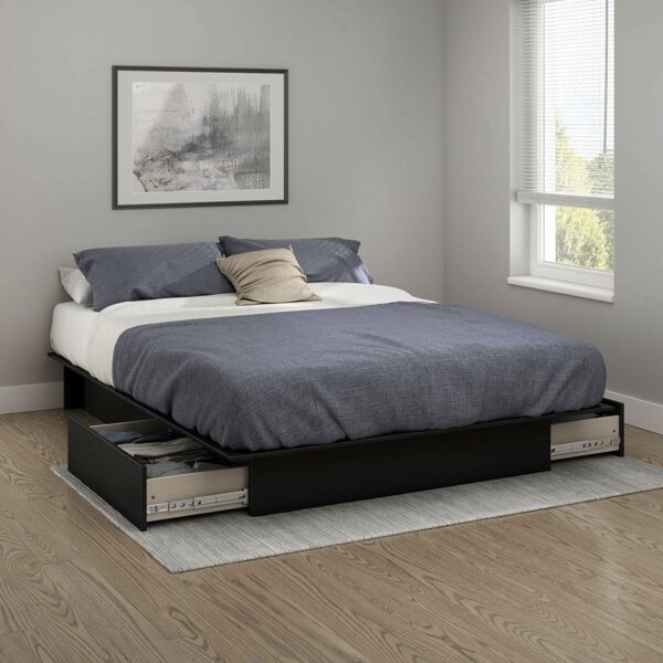 Queen Platform Bed Frame with 2 Storage Drawers in Black Wood Finish - Image 2