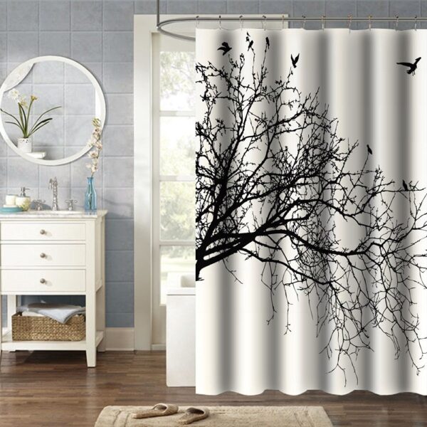 Birds in Tree Black White Shower Curtain in Polyester Fabric - Image 2