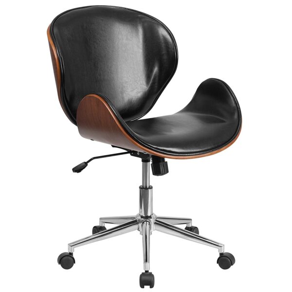Mid-Back Walnut / Black Faux Leather Office Chair with Curved Bentwood Seat - Image 2