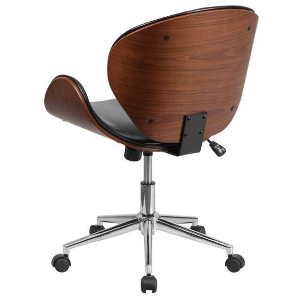 Mid-Back Walnut / Black Faux Leather Office Chair with Curved Bentwood Seat - Image 3