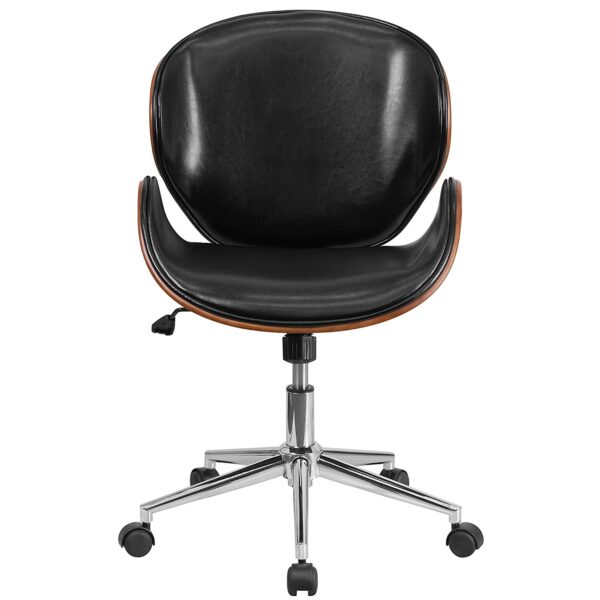 Mid-Back Walnut / Black Faux Leather Office Chair with Curved Bentwood Seat - Image 4