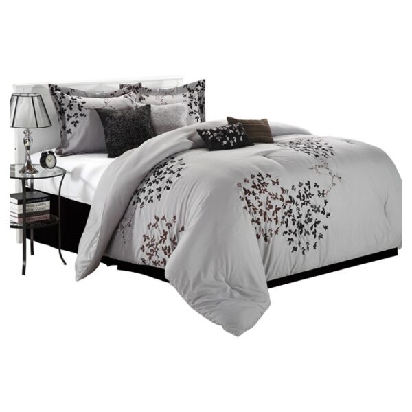 Queen size 8-Piece Comforter Set in Silver Gray Black Brown Floral - Image 2