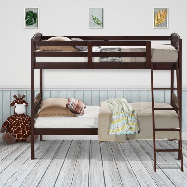 Twin over Twin Wooden Bunk Bed with Ladder in Dark Brown Finish - Image 2