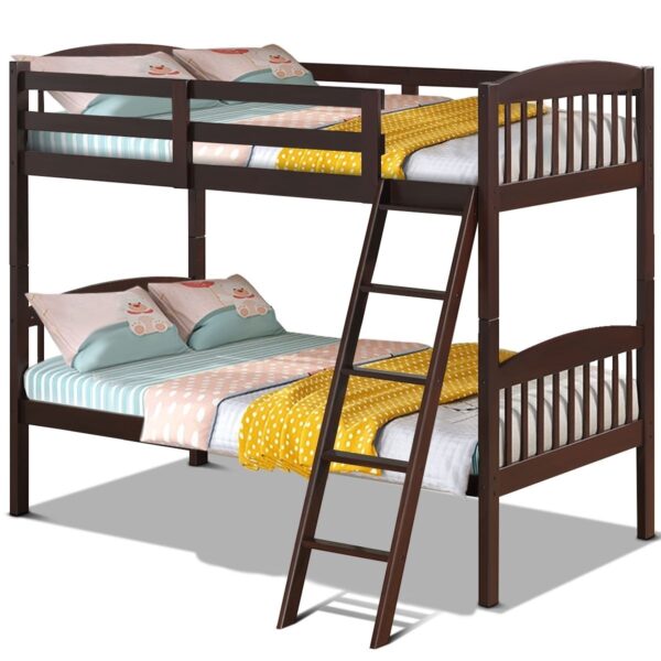 Twin over Twin Wooden Bunk Bed with Ladder in Dark Brown Finish - Image 4
