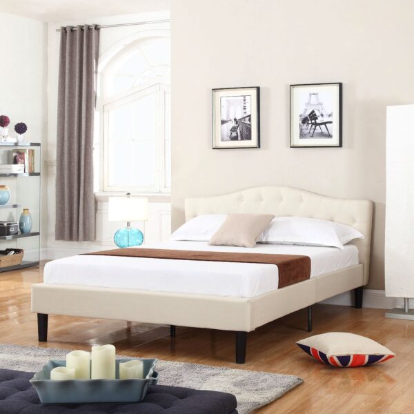 Queen size Ivory Linen Upholstered Platform Bed with Button-Tufted Headboard - Image 2