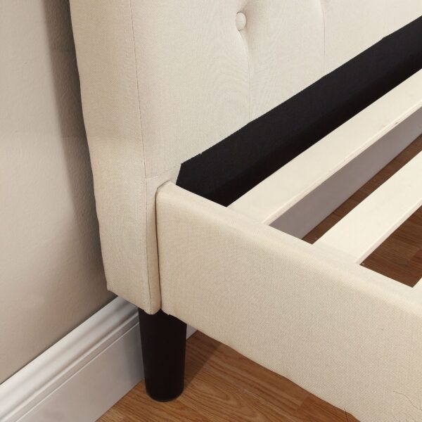 Full size Ivory Linen Upholstered Platform Bed with Button Tufted Padded Headboard - Image 3