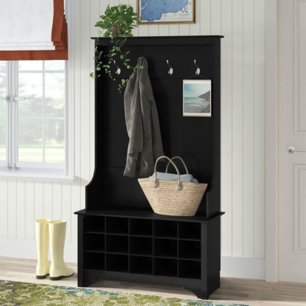 Black Entryway Hall Tree Shoe Cubbie Coat Rack - Image 3
