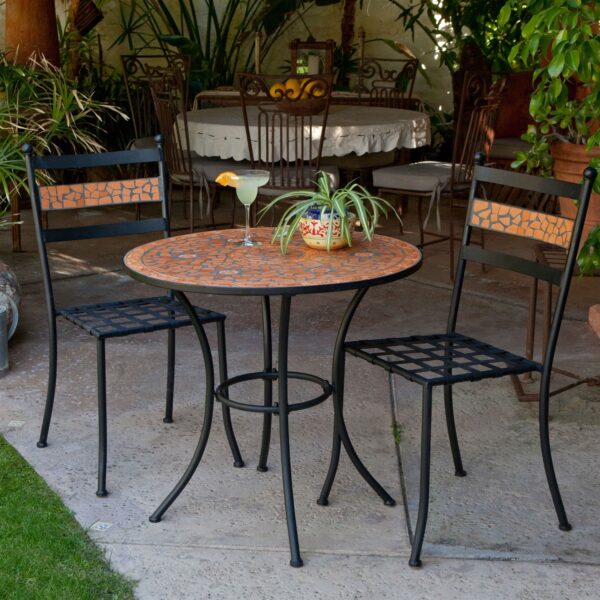 3-Piece Black Metal Patio Bistro Set with Terra Cotta Tiles - Image 2