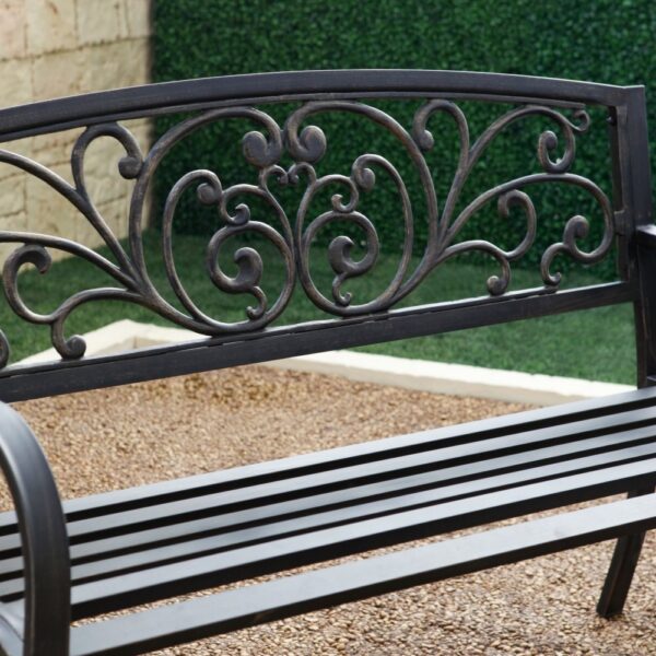 Outdoor Garden Bench with Slatted Seat and Rustic Metal Finish - Image 2