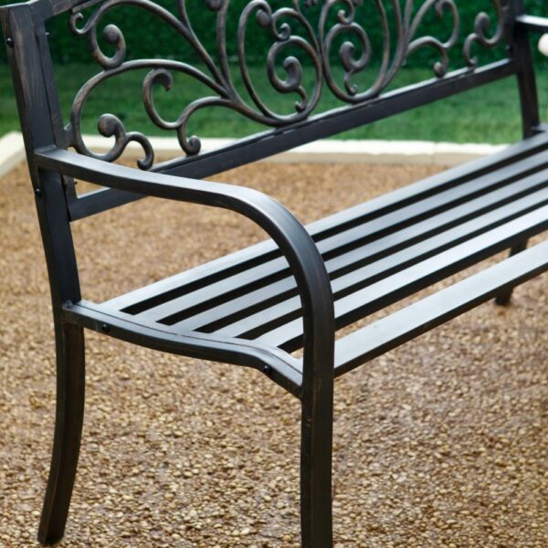 Outdoor Garden Bench with Slatted Seat and Rustic Metal Finish - Image 3