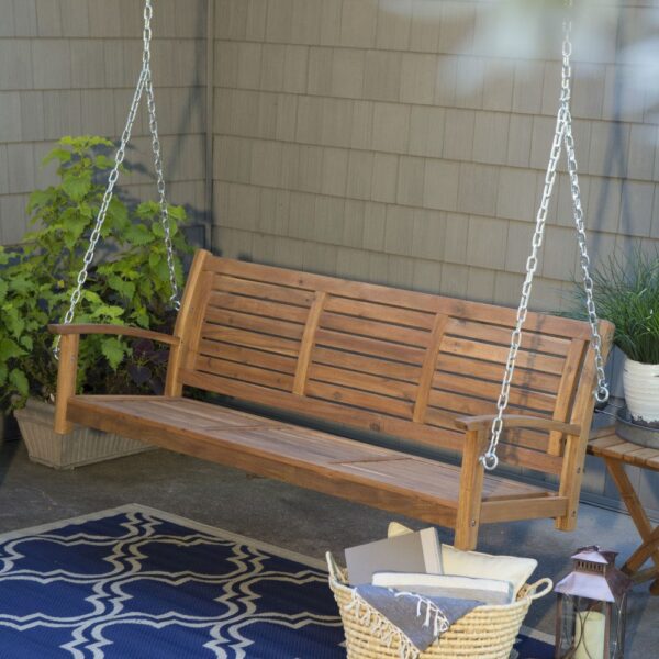 Outdoor 5-Ft Slatted Porch Swing in Natural Acacia Wood with Hanging Chain - Image 2