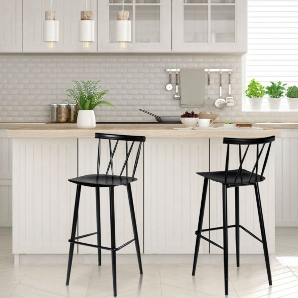 Set of 2 Black Steel Bar Height Barstool Dining Chairs - Image 2