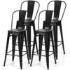 Set of 4 Black 30" Height High Back Metal Industrial Bar Stools