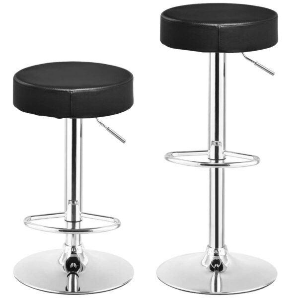 Set of 2 Black Adjustable Round Faux Leather Swivel Bar Stools - Image 3