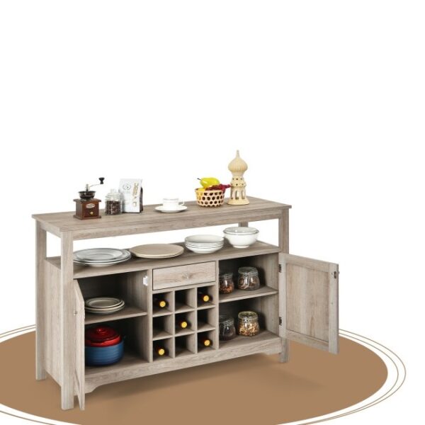 Gray Oak Buffet Server 9 Bottle Wine Cabinet Console - Image 3