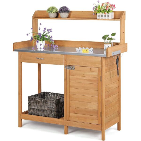 Natural Fir Wood Potting Bench with Galvanized Steel Table Top - Image 2