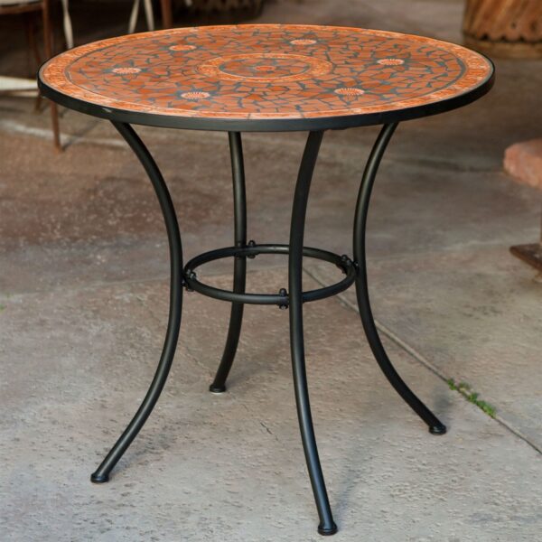 Round Outdoor Patio Bistro Table with Terracotta Mosaic Tiles and Metal Frame - Image 2