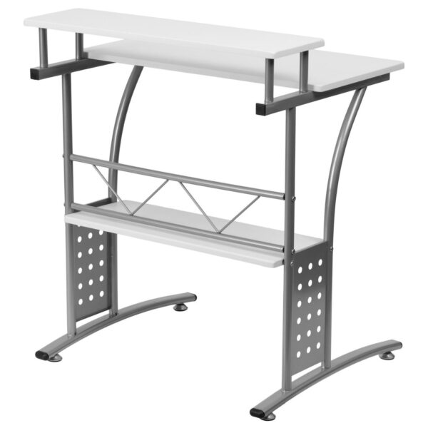 Modern Metal Frame Computer Desk with White Laminate Top and Raised Shelf - Image 2