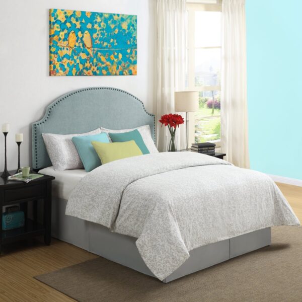 Full / Queen size Nailhead Upholstered Headboard in Soft Turquoise Linen Fabric - Image 2