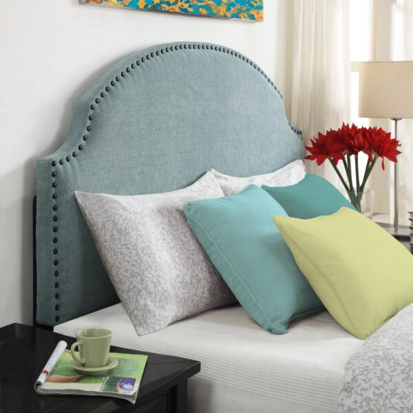 Full / Queen size Nailhead Upholstered Headboard in Soft Turquoise Linen Fabric - Image 3