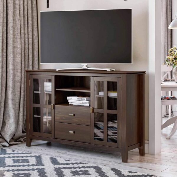Dark Brown Solid Wood 35-inch High TV Stand with Glass Panel Doors - Image 3