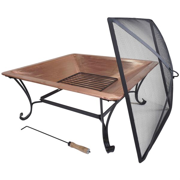 Square 33-inch Solid Copper Fire Pit Bowl with Iron Stand and Screen - Image 2