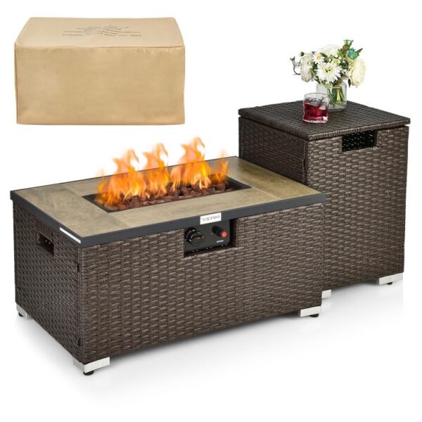 Outdoor Propane Fire Pit with Side Table Tank Holder in Brown PE Rattan - Image 2