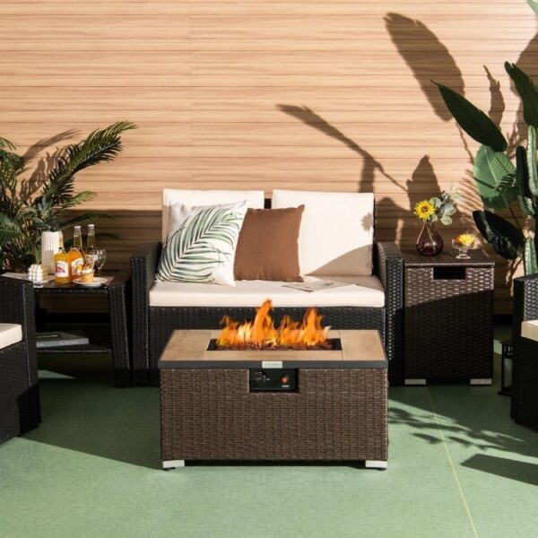 Outdoor Propane Fire Pit with Side Table Tank Holder in Brown PE Rattan - Image 3