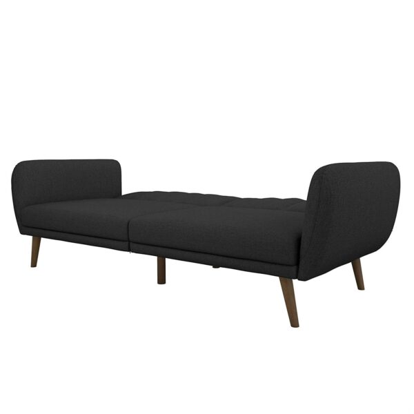 Dark Grey Linen Futon Sofa Bed with Modern Mid-Century Style Wooden Legs - Image 2