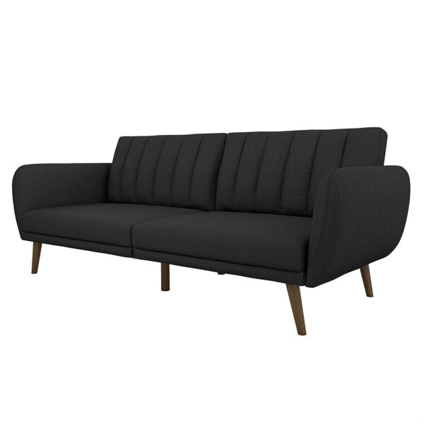 Dark Grey Linen Futon Sofa Bed with Modern Mid-Century Style Wooden Legs - Image 3