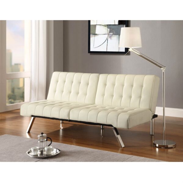 Split-back Modern Futon Style Sleeper Sofa Bed in Vanilla Faux Leather - Image 2