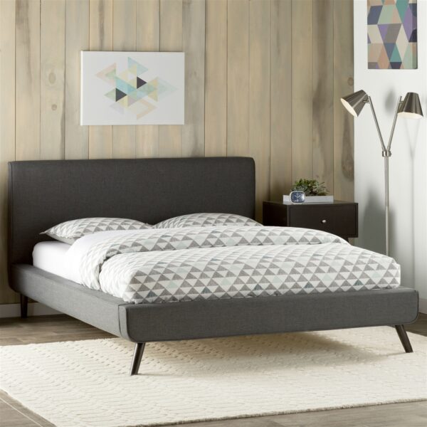 Full size Mid Century Platform Bed with Gray Upholstered Headboard - Image 2