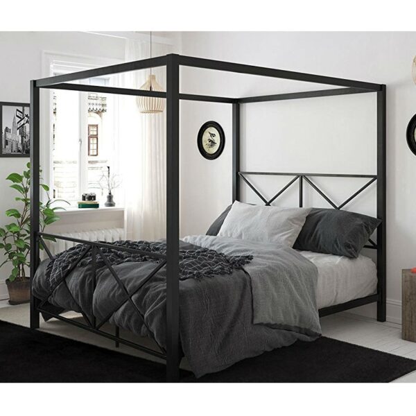 Queen size Modern Black Metal Four-Poster Canopy Bed Frame - Image 4